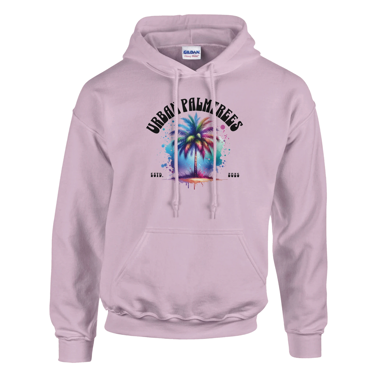 Urban Palm Trees lavender hoodie for men with tropical palm graphic and bold text.