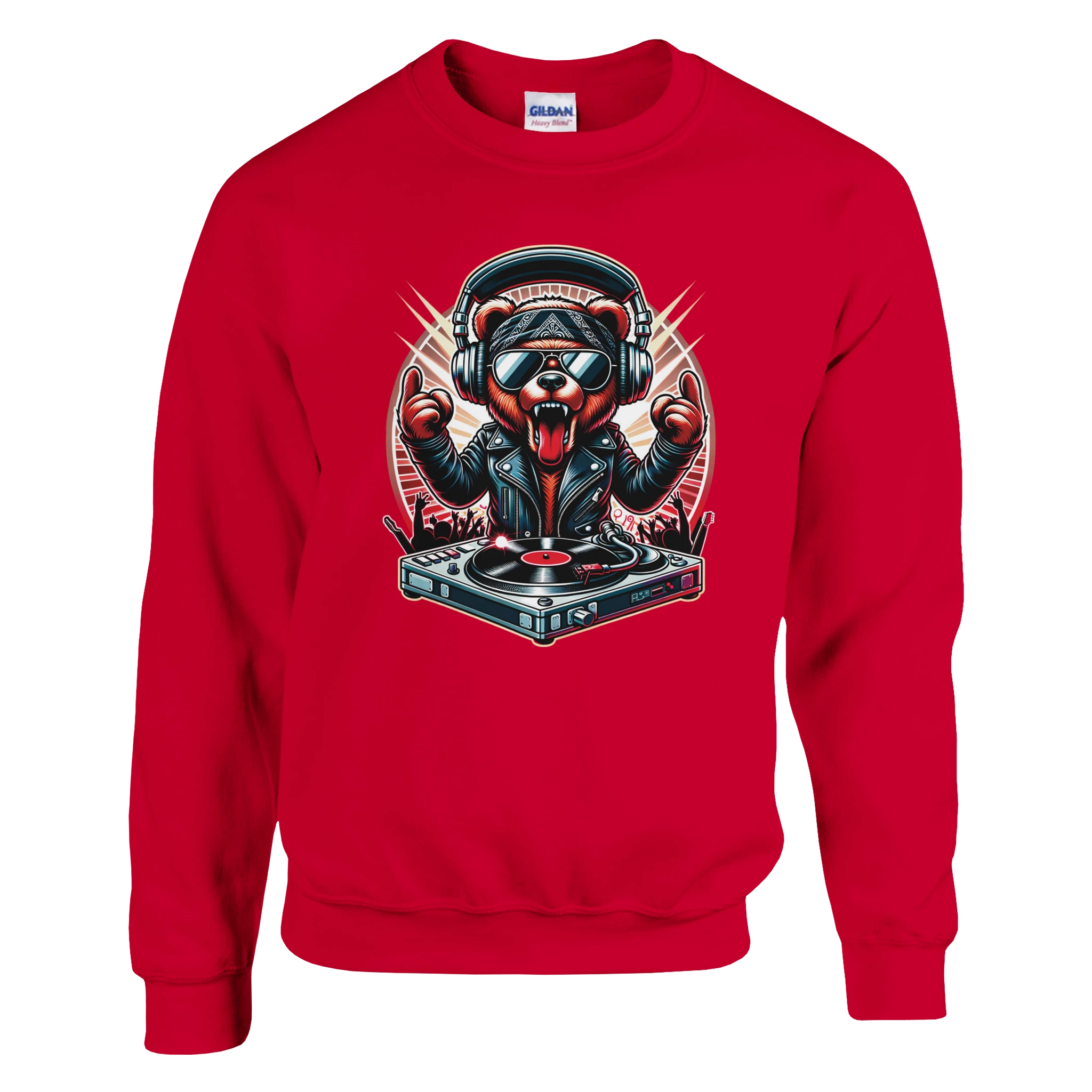 Red teddy bear DJ graphic sweatshirt with headphones, sunglasses, and turntable design.