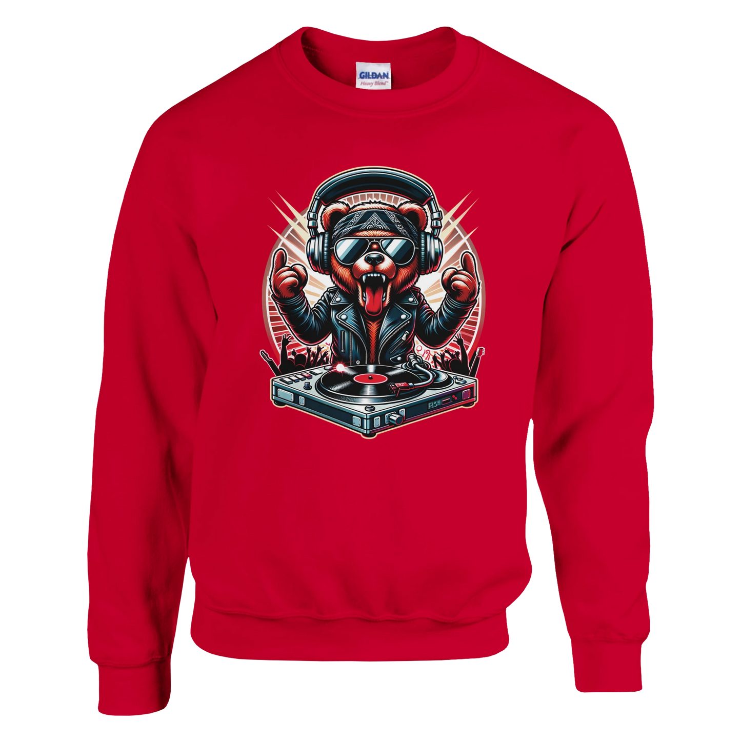 Red men's graphic sweatshirt with a graphic of a bear DJ on a white background