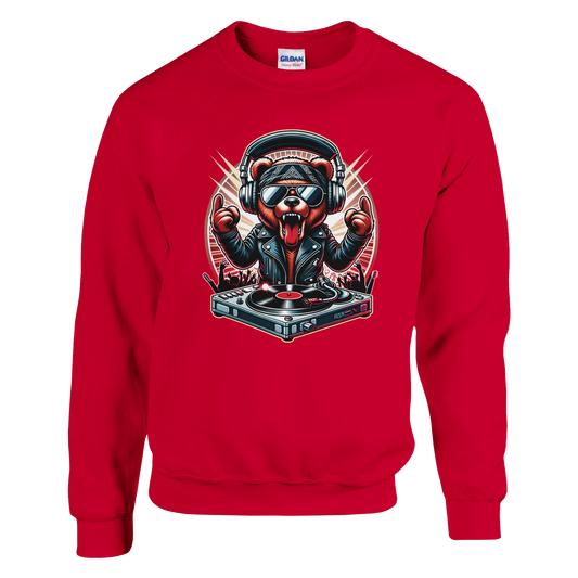 Red men's graphic sweatshirt with a graphic of a bear DJ on a white background