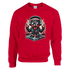 Red teddy bear DJ graphic sweatshirt with headphones, sunglasses, and turntable design.
