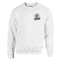 White sweatshirt featuring a colorful urban palm tree graphic and "Full Send" text, representing modified car culture streetwear.