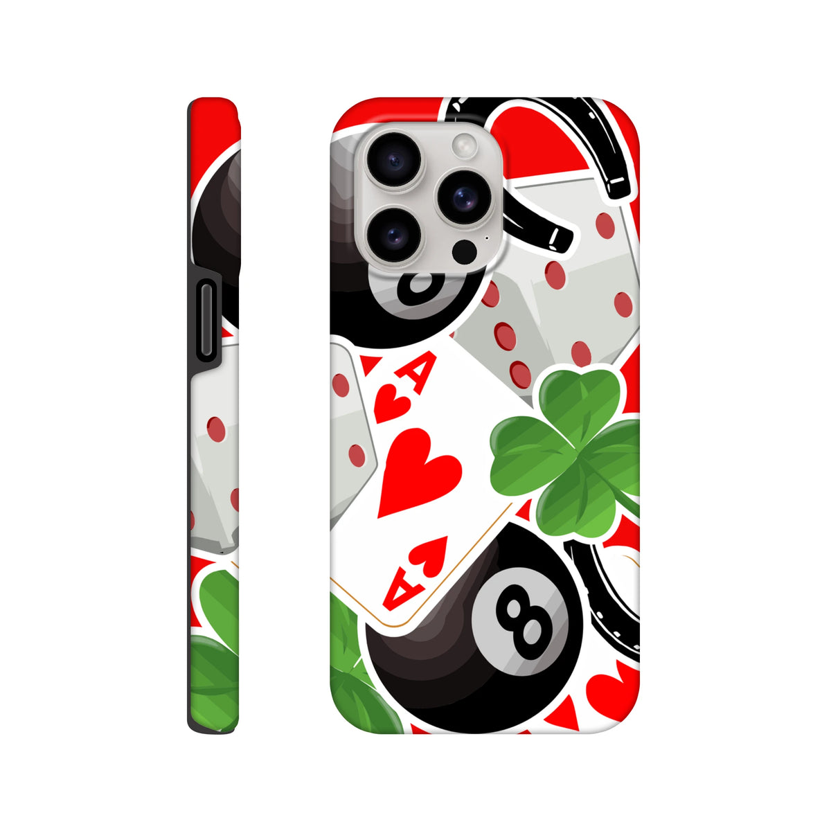 Tough iPhone case featuring Ace of Hearts, black 8-ball, and four-leaf clover design with red and white street-style graphics.