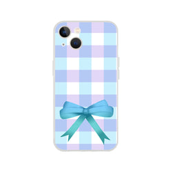 Blue gingham bow iPhone case (13-16) in cute coquette aesthetic with pastel checker pattern and a blue bow.