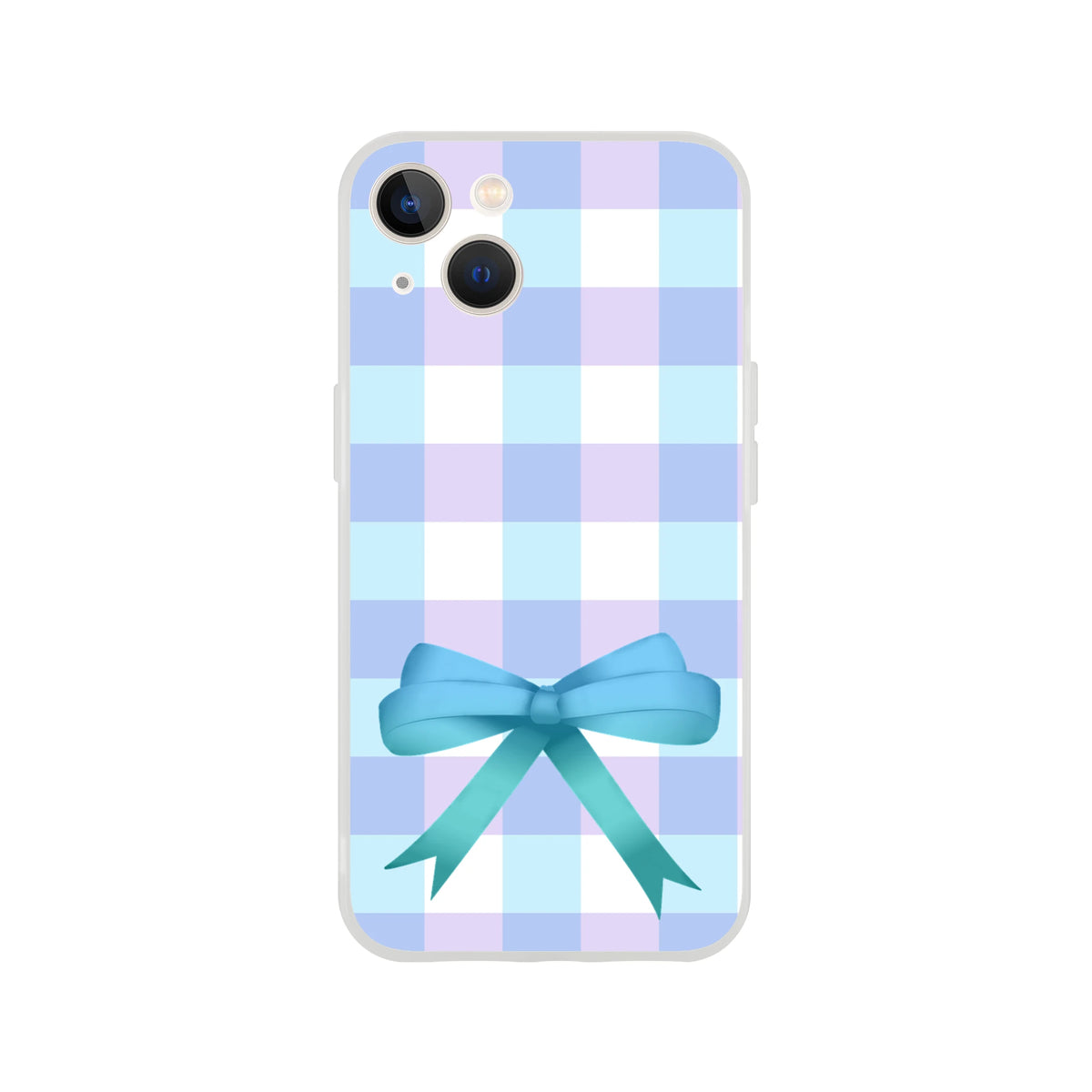 Blue gingham bow iPhone case (13-16) in cute coquette aesthetic with pastel checker pattern and a blue bow.