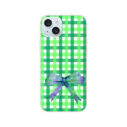 Green gingham bow iPhone case for 13–16 in frosty transparent TPU with printed bow, cute coquette aesthetic