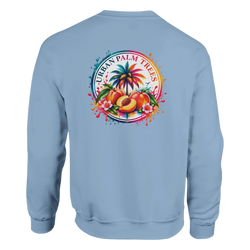 Light blue hoodie back featuring a colorful retro circular graphic with peaches, palm trees, and flowers.