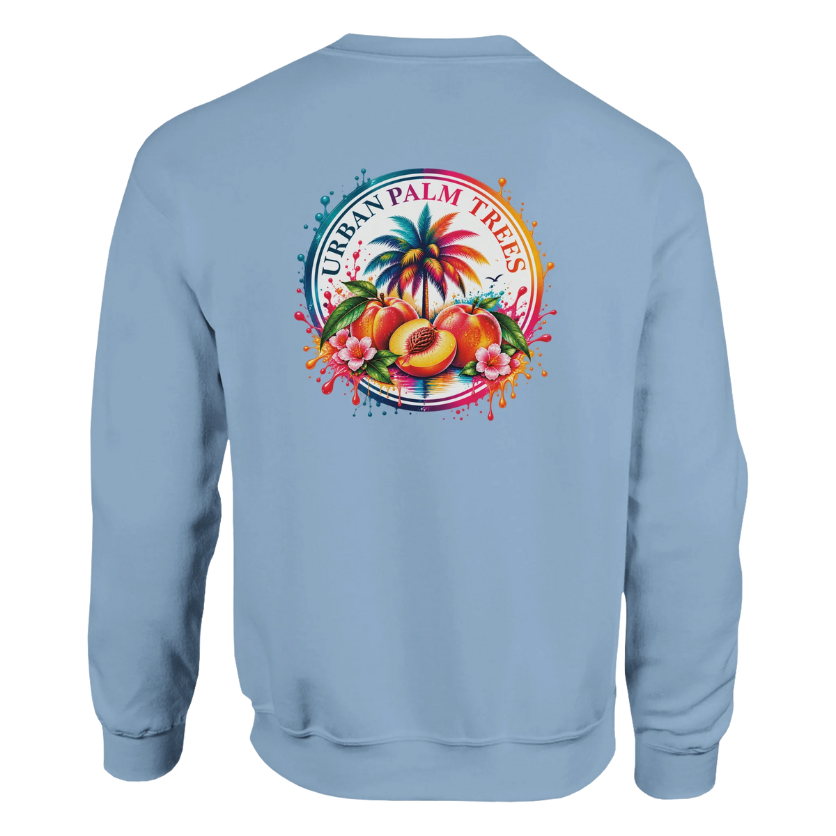 Light blue hoodie back featuring a colorful retro circular graphic with peaches, palm trees, and flowers.
