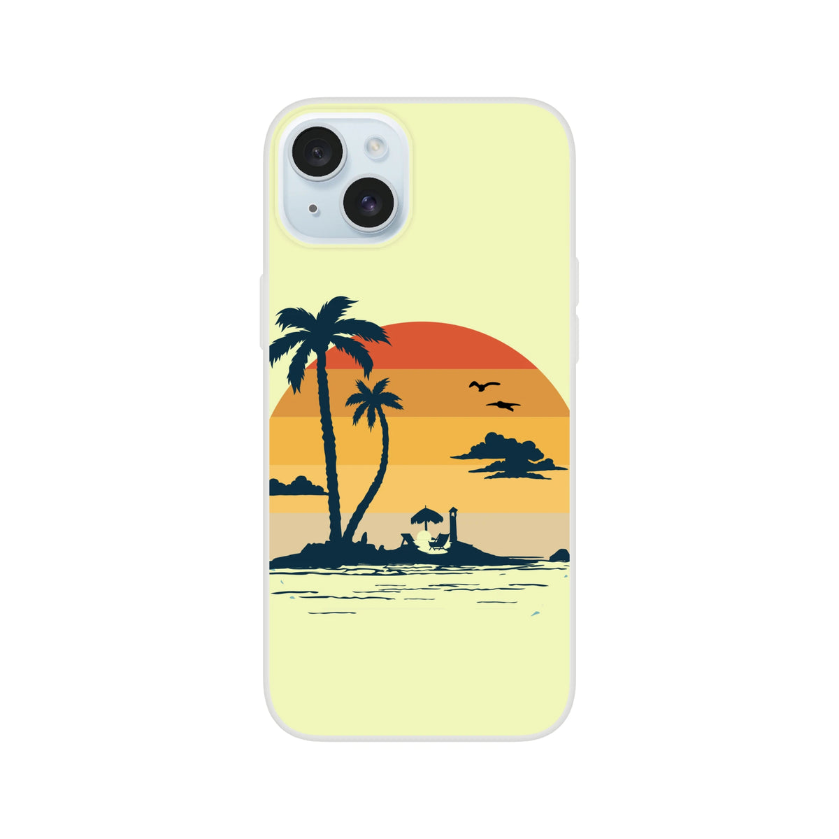 Retro Beach iPhone Case for iPhone 13-16 featuring a palm-tree sunset on a pale yellow cover.