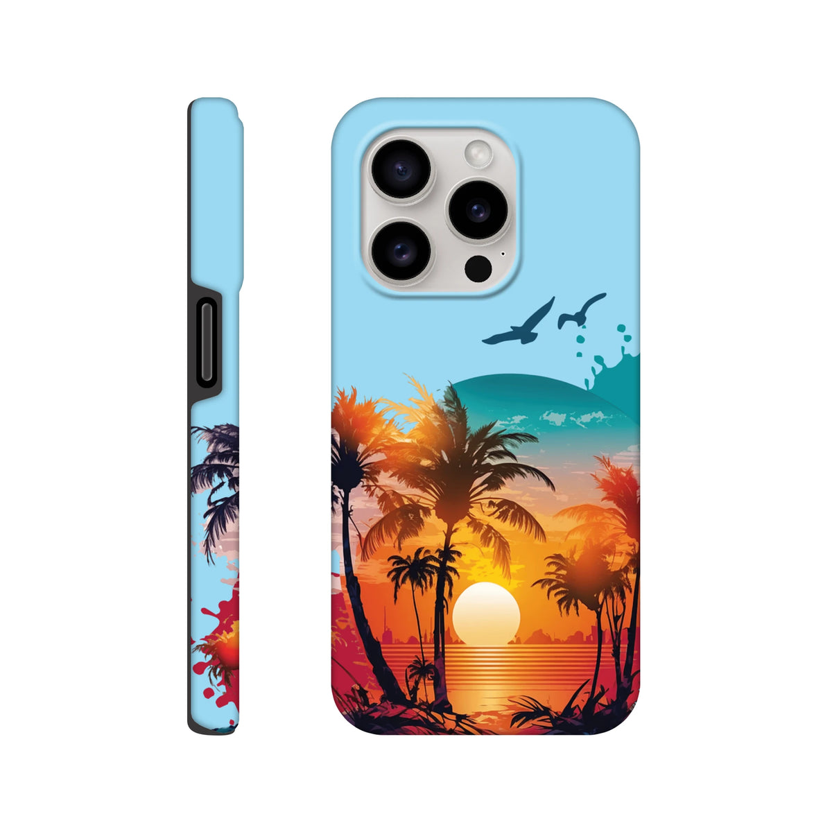 Tropical sunset palm tree tough iPhone case with beach design, drop resistant phone cover for coastal style.