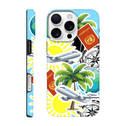 Travel sticker iPhone case featuring palm trees, airplanes, passports, and compasses for island vibes and tough protection.
