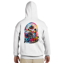 White Fitment car hoodie back view featuring a colorful Urban Palm Trees graphic with a lowered car and tropical sunset design.