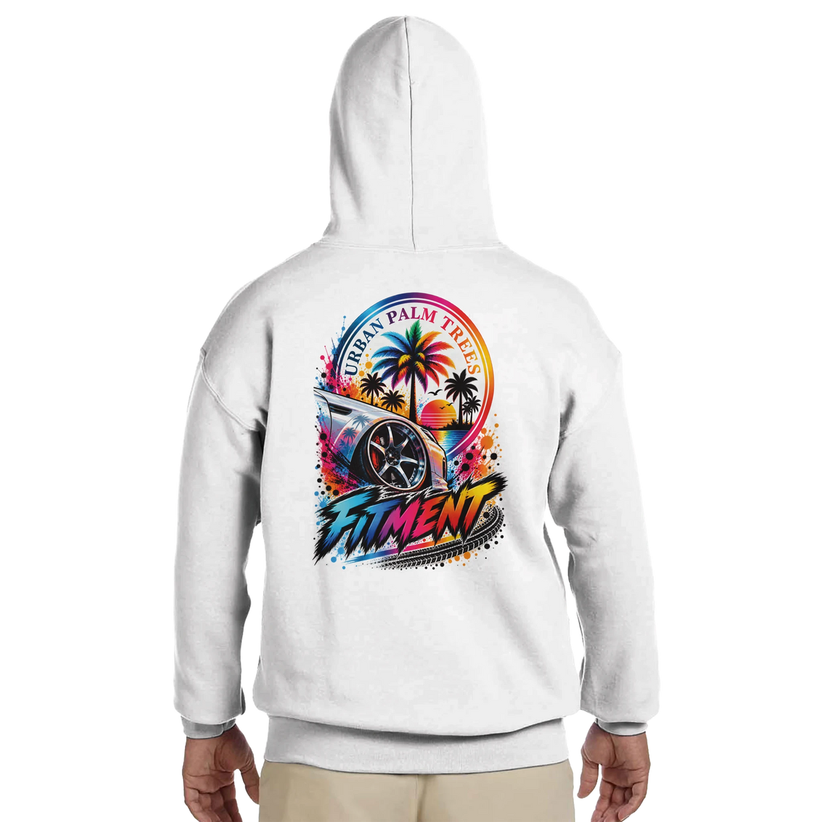 White Fitment car hoodie back view featuring a colorful Urban Palm Trees graphic with a lowered car and tropical sunset design.