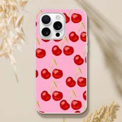 Pink cherry-print iPhone case for 13–16, slim matte shell with shock-absorbing protection, coquette aesthetic.