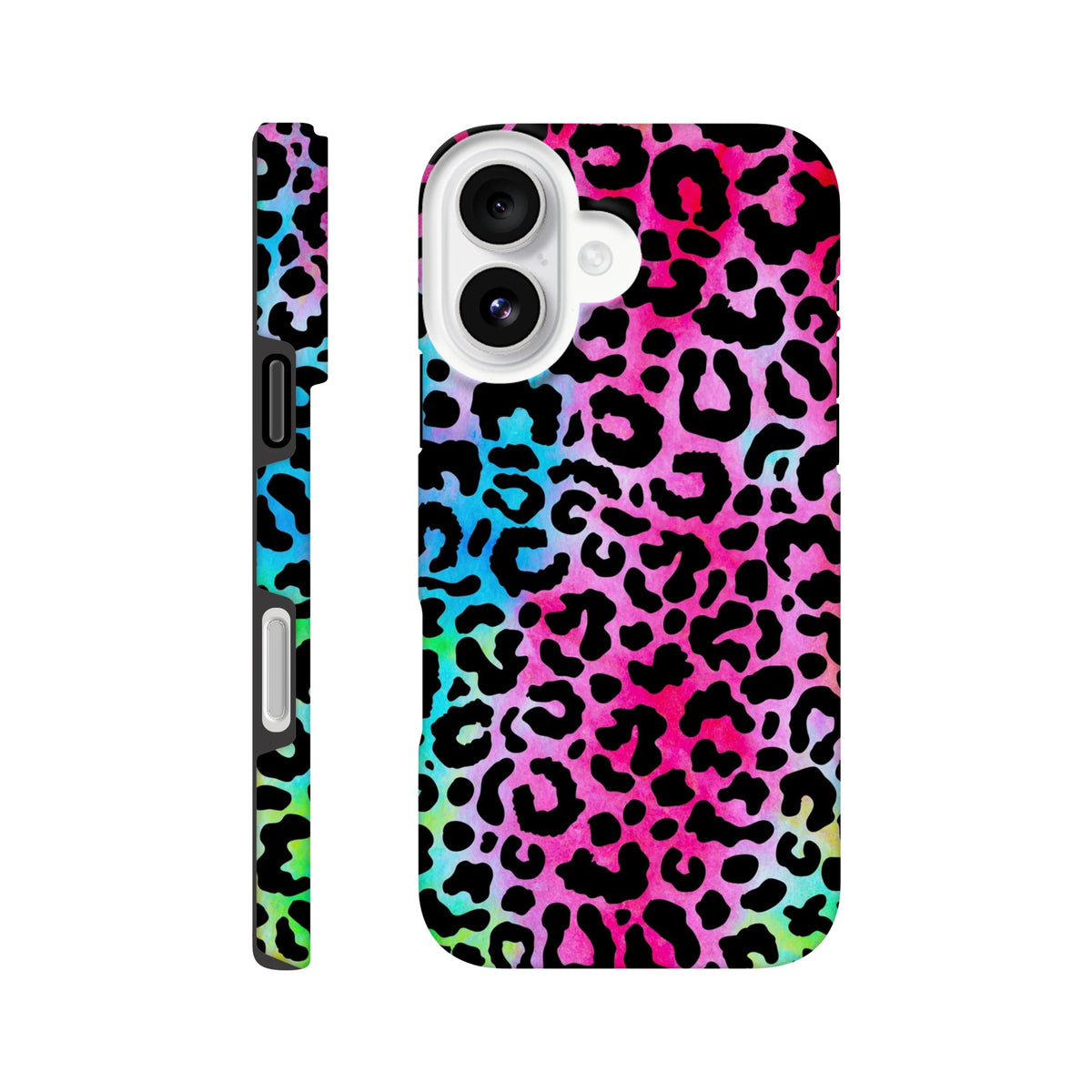 Vibrant rainbow leopard print tough iPhone case providing drop protection and bold street style animal print design.