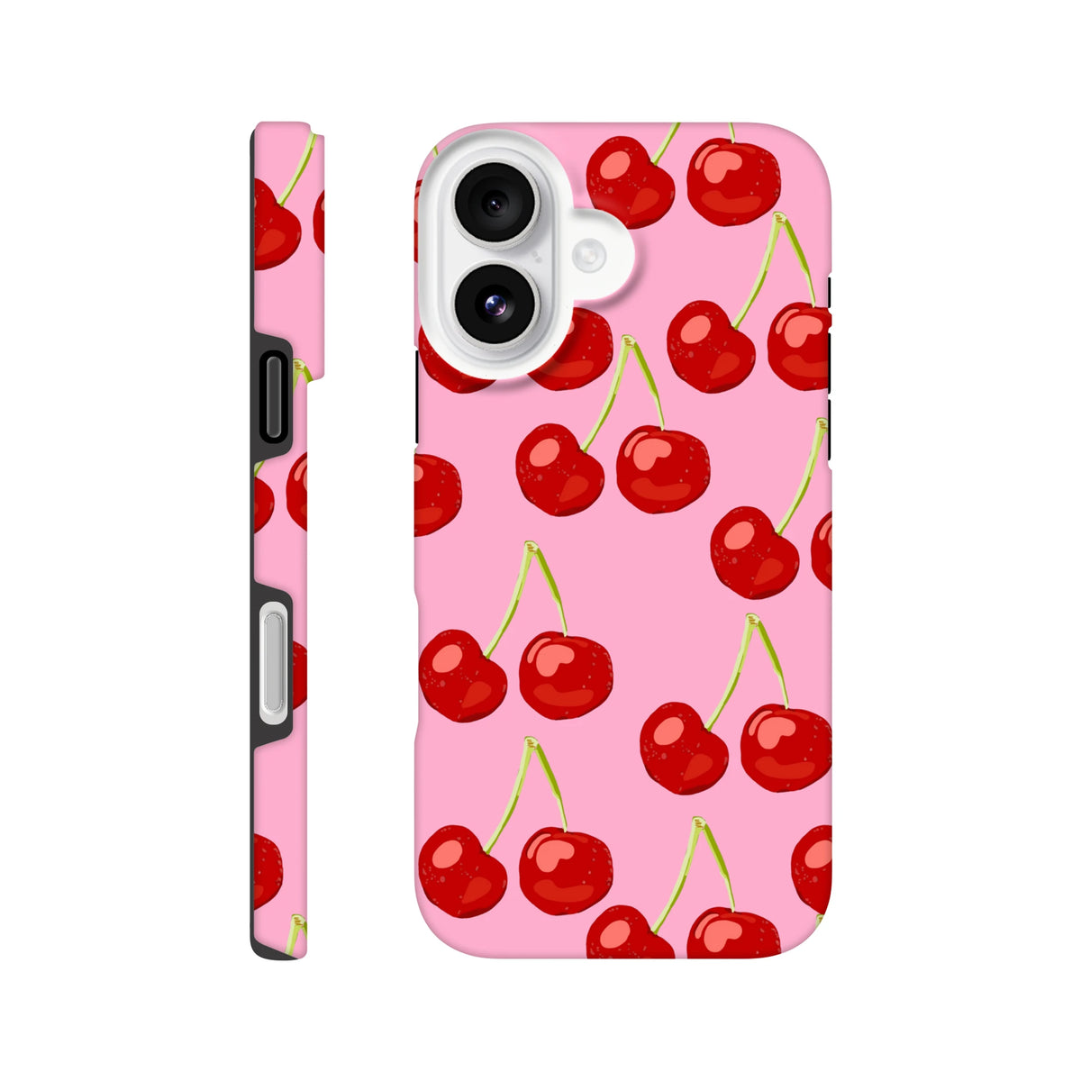 Pink iPhone case featuring a cute red cherry pattern with seamless wraparound print on a vibrant pink background.
