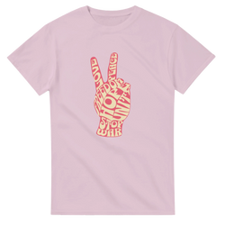 Pink retro graphic tee featuring a vintage peace sign hand gesture composed of words like love, freedom, and stop war.