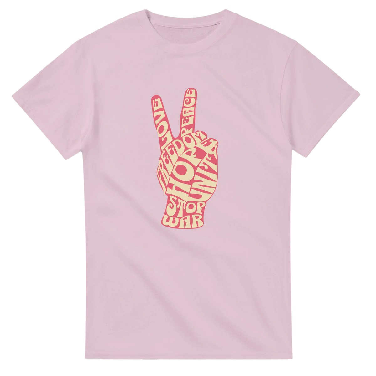 Pink retro graphic tee featuring a vintage peace sign hand gesture composed of words like love, freedom, and stop war.