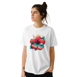 Woman wearing a white T-shirt with a bold hibiscus and tropical print, retro aesthetic summer top.