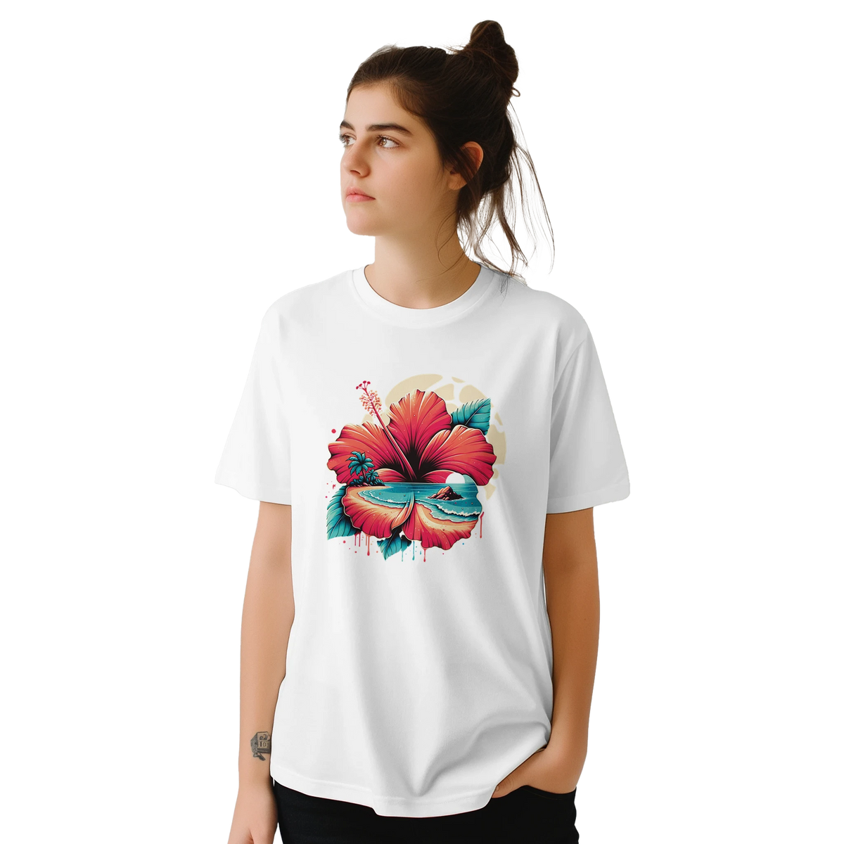Woman wearing a white T-shirt with a bold hibiscus and tropical print, retro aesthetic summer top.