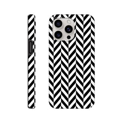 Black and white herringbone geometric iPhone tough case with dual-layer shock absorption and opaque gloss finish for models 13-16.