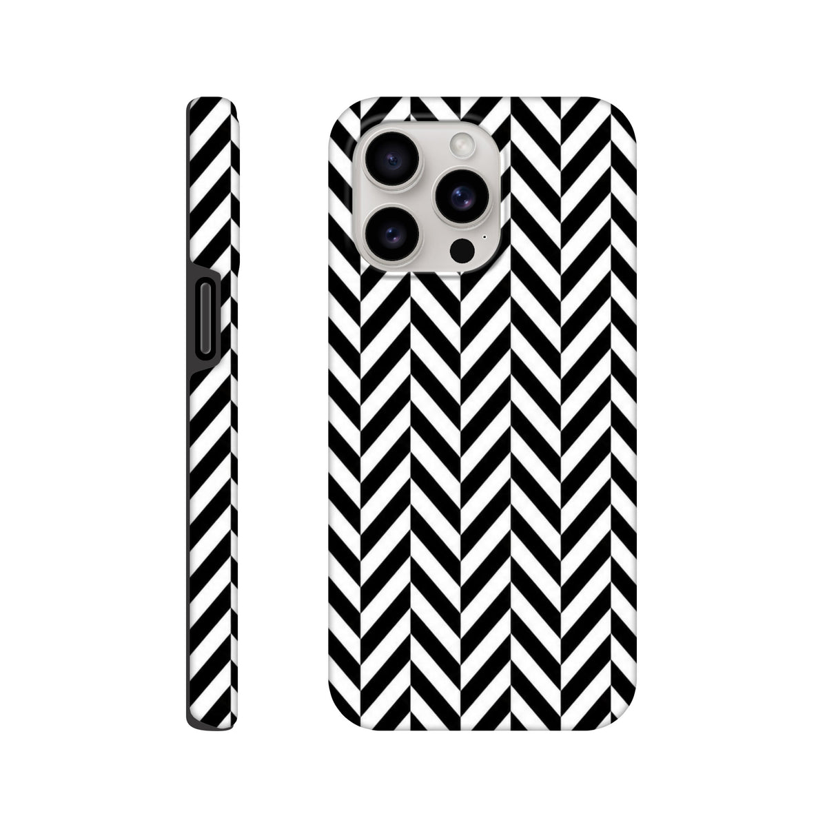Black and white herringbone geometric iPhone tough case with dual-layer shock absorption and opaque gloss finish for models 13-16.