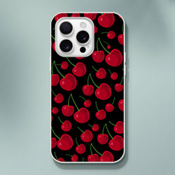 Red cherry iPhone case with black retro fruit pattern, slim TPU cover for streetwear style and shock absorption.