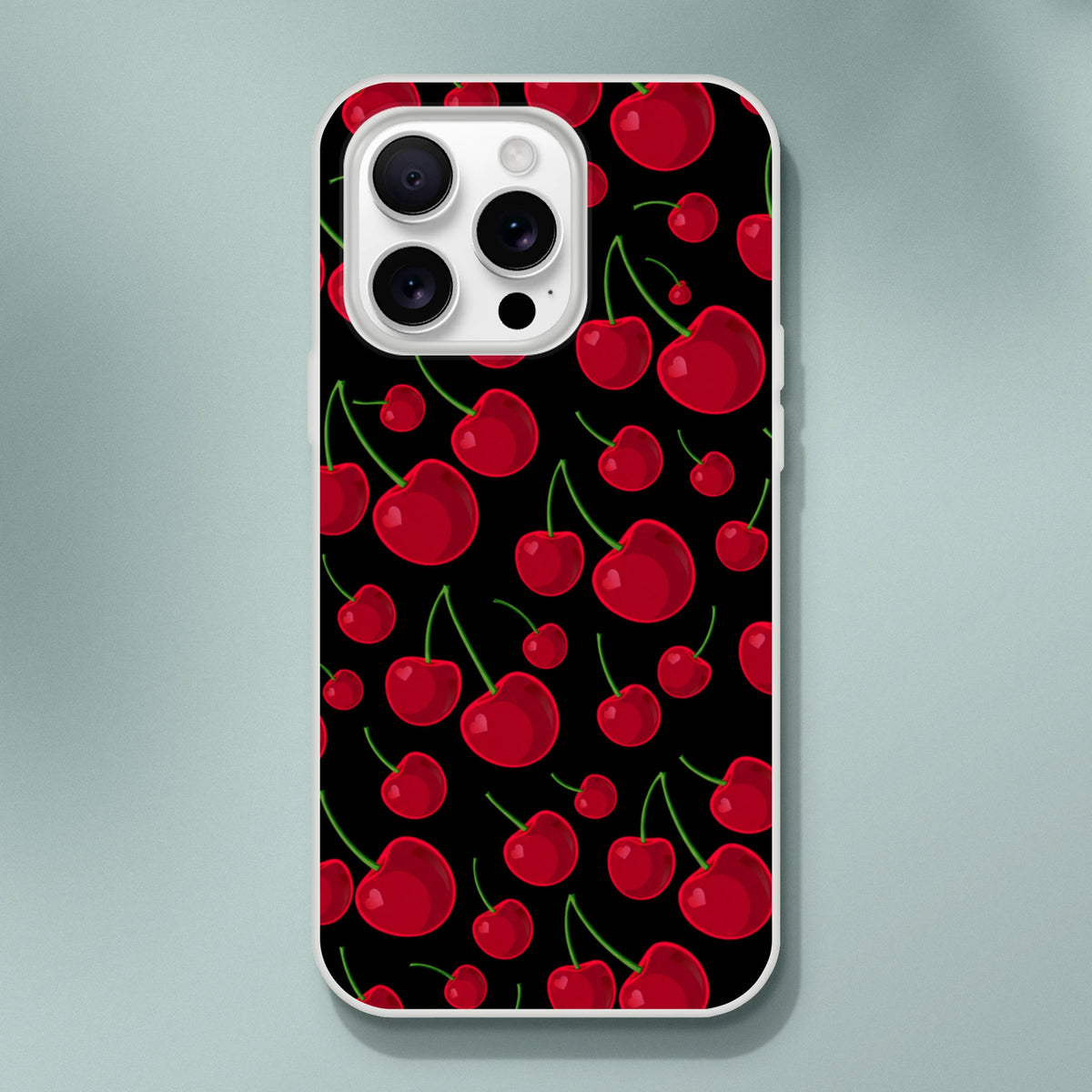 Red cherry iPhone case with black retro fruit pattern, slim TPU cover for streetwear style and shock absorption.