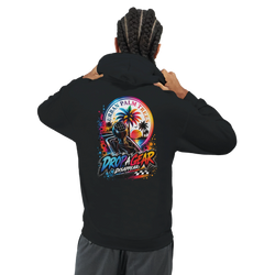 Black men's hoodie featuring a colorful "Drop A Gear" graphic with a manual shift stick and palm trees for modified car culture.