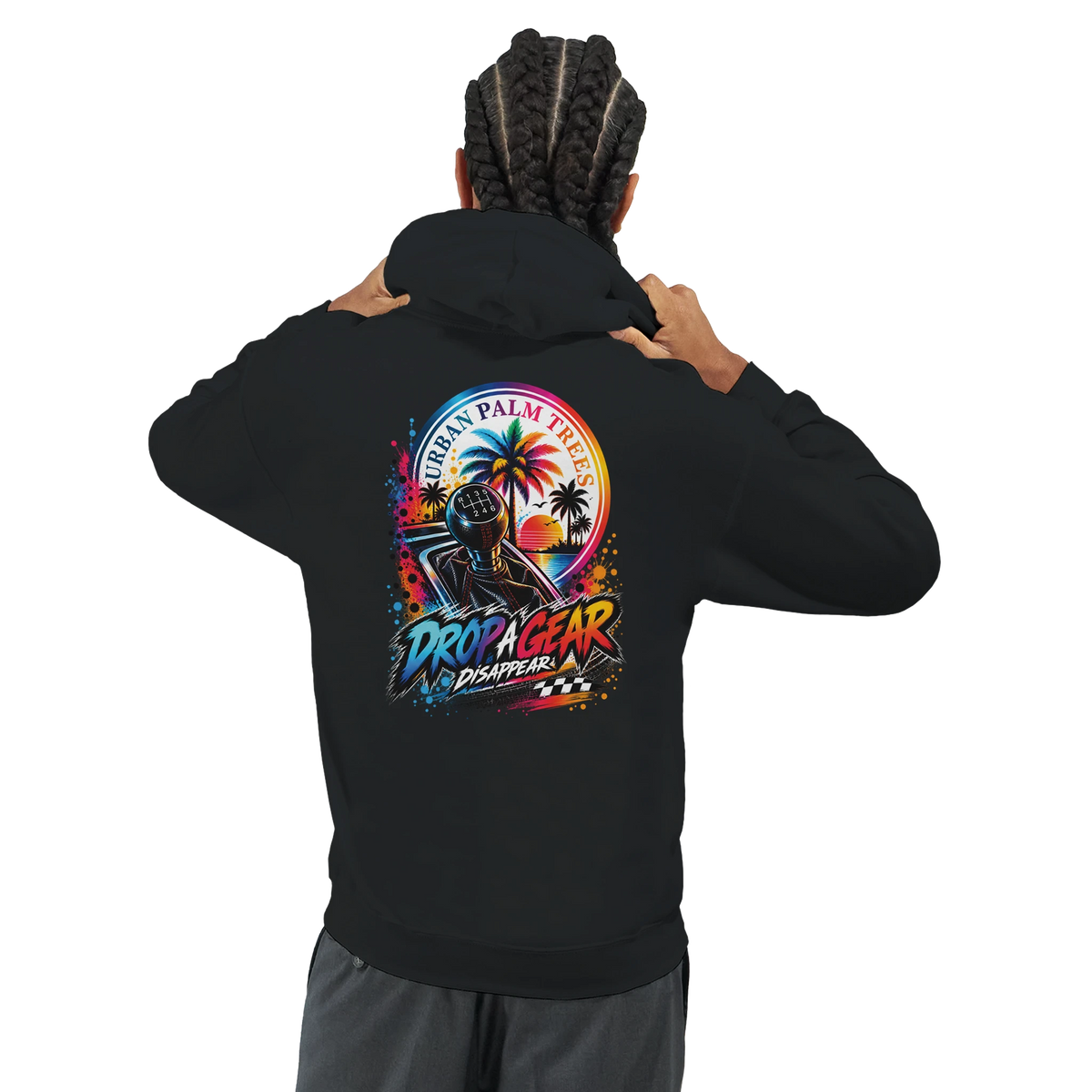 Black men's hoodie featuring a colorful "Drop A Gear" graphic with a manual shift stick and palm trees for modified car culture.
