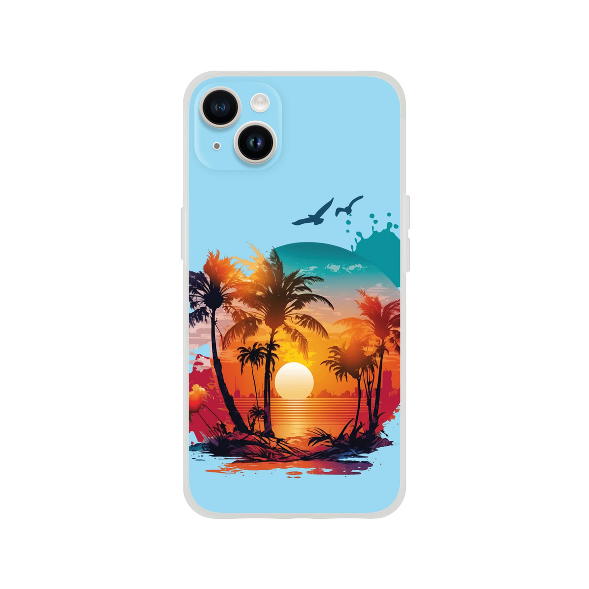 Cute Sunset iPhone Case (13-16) featuring a palm-tree sunset beach scene in bold Y2K style.