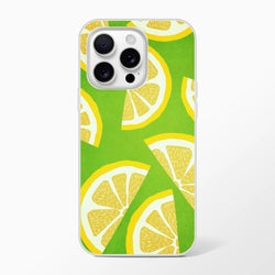 Lemon-slice citrus iPhone case for 13–16, green background, slim matte TPU cover.