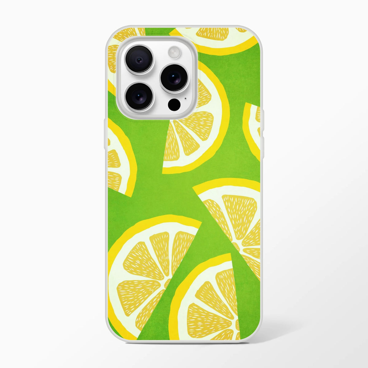 Lemon-slice citrus iPhone case for 13–16, green background, slim matte TPU cover.