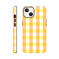 Retro yellow gingham checkered tough iPhone case providing secure protection with a nostalgic grid pattern design.