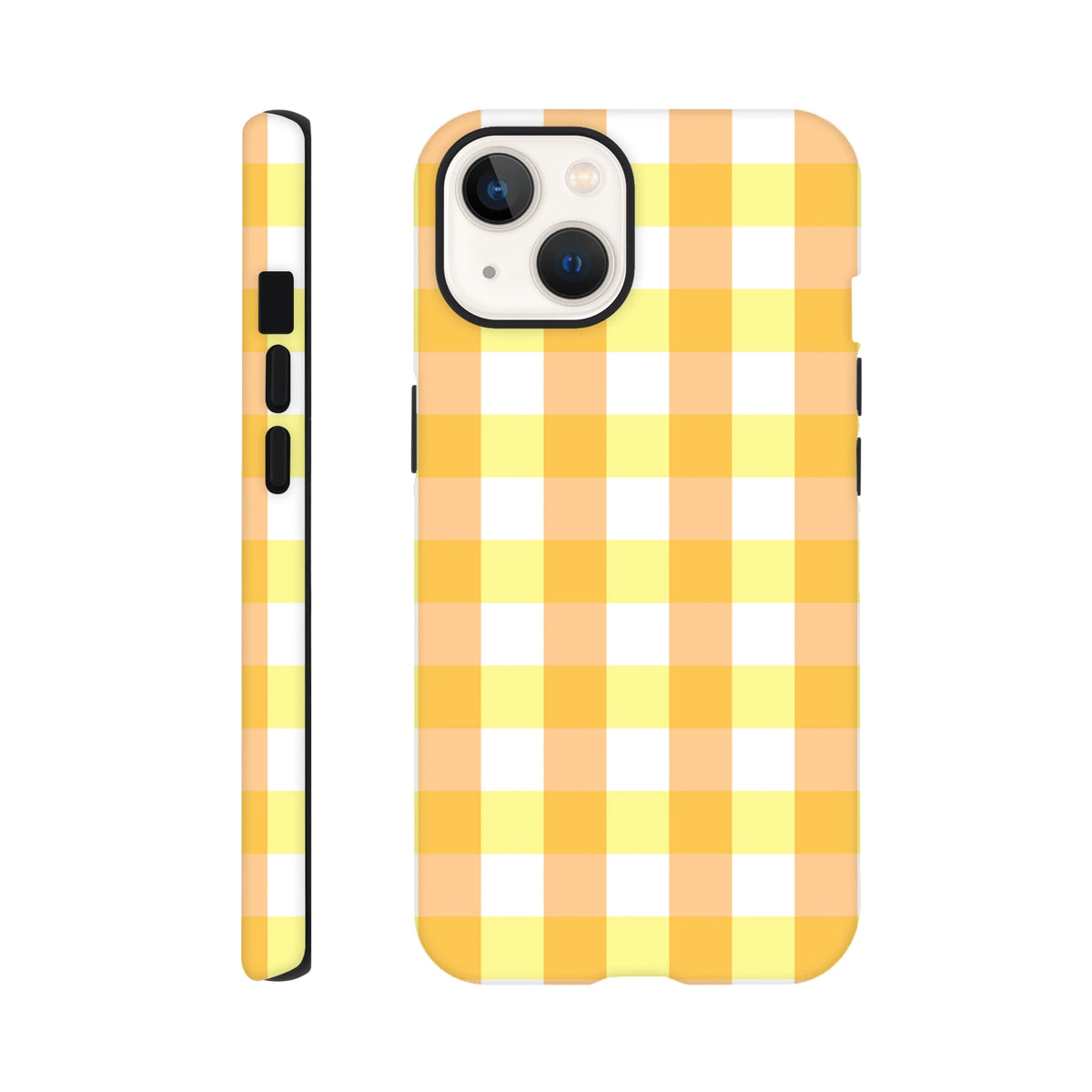 Retro yellow gingham checkered tough iPhone case providing secure protection with a nostalgic grid pattern design.