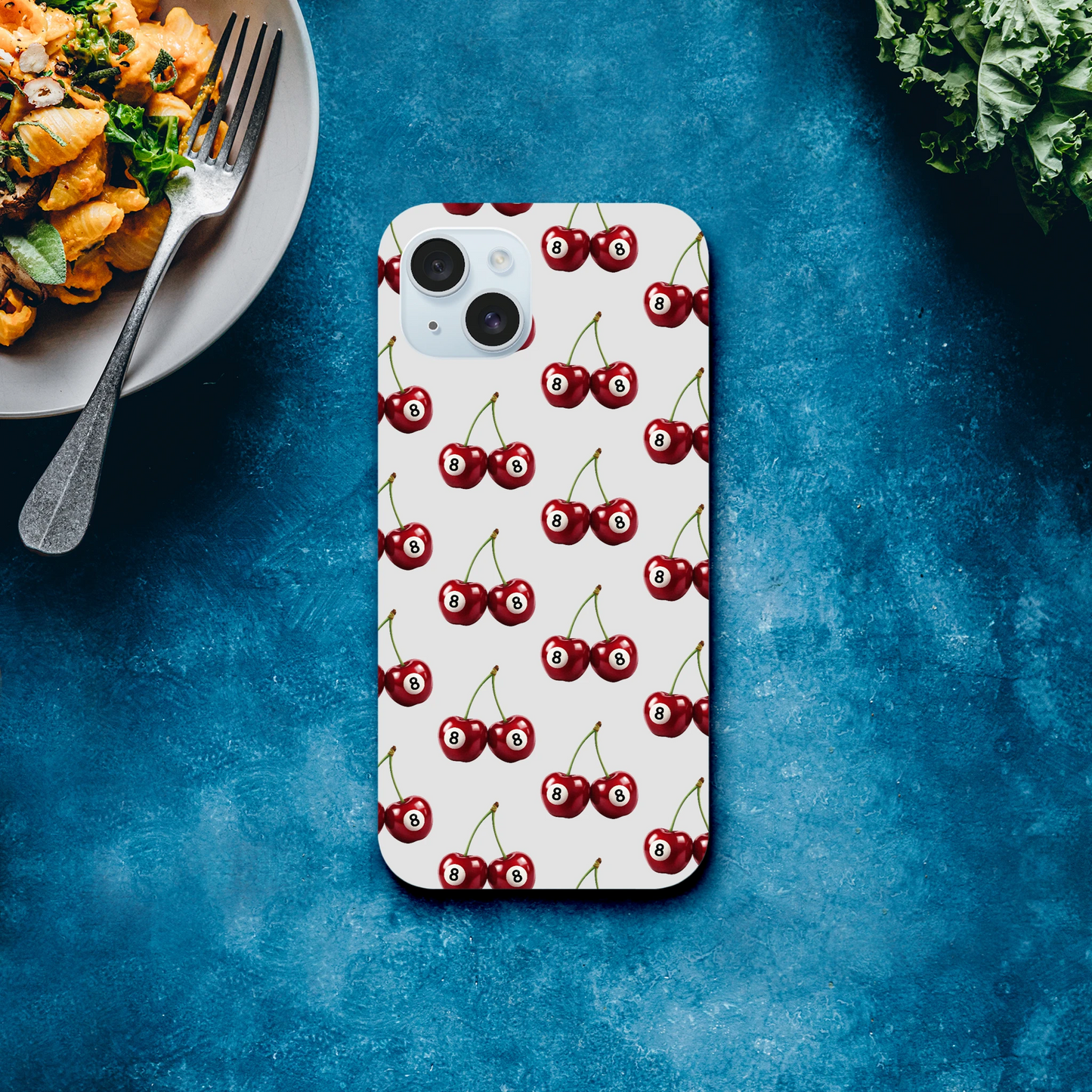 Lucky Cherries phone case with cherry print, dual-layer protective cover for iPhone 16/15/14/13, glossy finish.