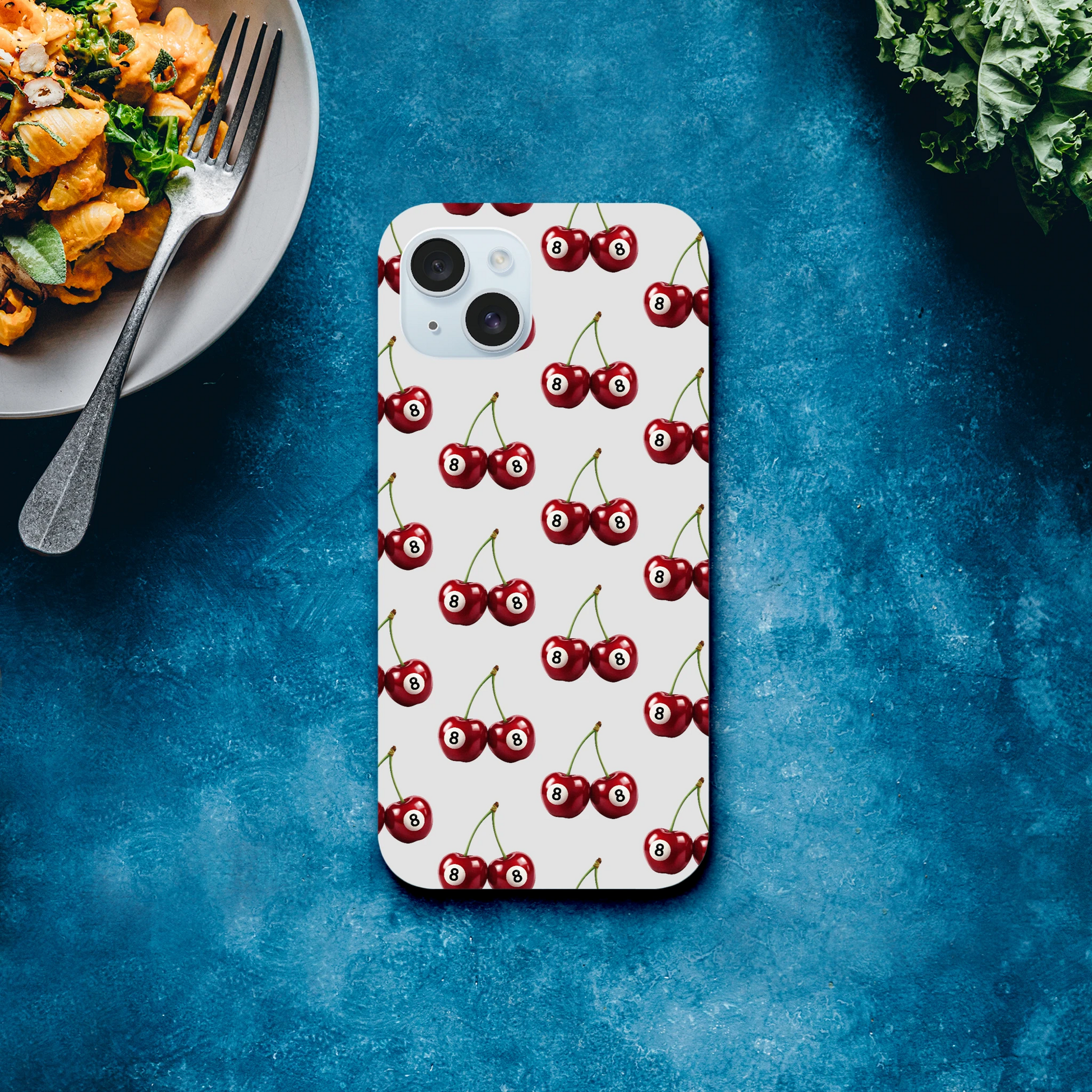 Lucky Cherries phone case with cherry print, dual-layer protective cover for iPhone 16/15/14/13, glossy finish.