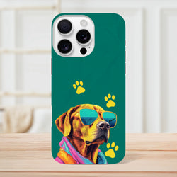 Teal tough iPhone case featuring a cool dog with sunglasses and yellow paw prints. Shock-absorbing protection for daily carry.