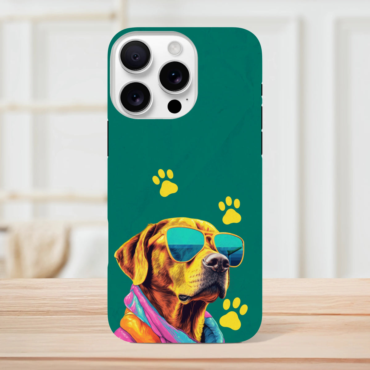 Teal tough iPhone case featuring a cool dog with sunglasses and yellow paw prints. Shock-absorbing protection for daily carry.