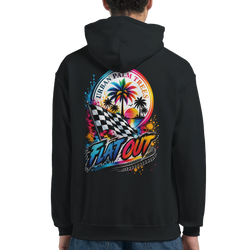 Back of black hoodie featuring colorful "Flat Out" graphic with checkered flag and palm trees for modified car culture enthusiasts.