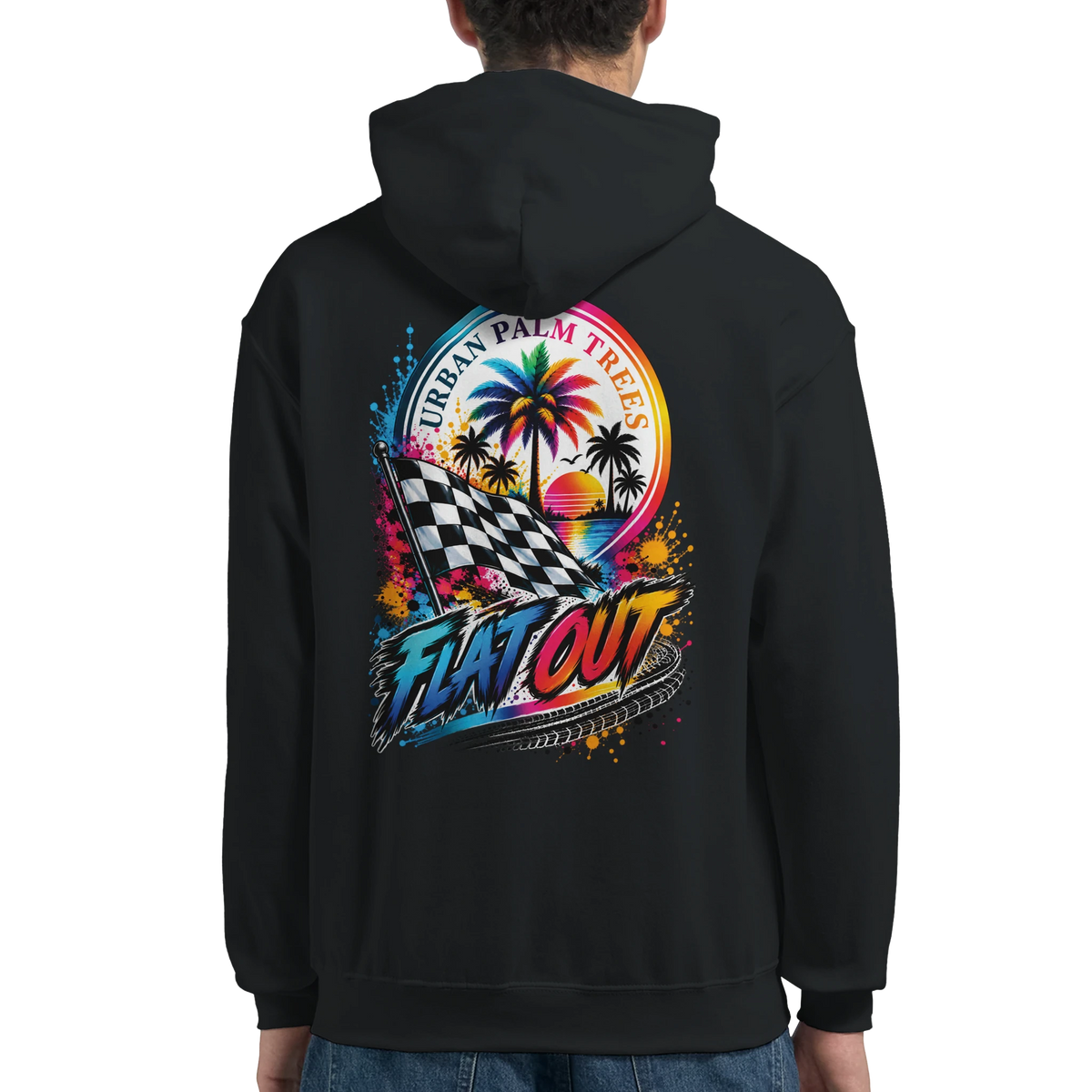 Back of black hoodie featuring colorful "Flat Out" graphic with checkered flag and palm trees for modified car culture enthusiasts.