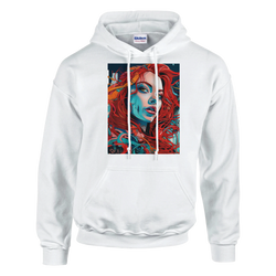 White pullover hoodie featuring bold Urban Pop Art graphic of a stylized redhead woman with vibrant red hair and blue facial shading.