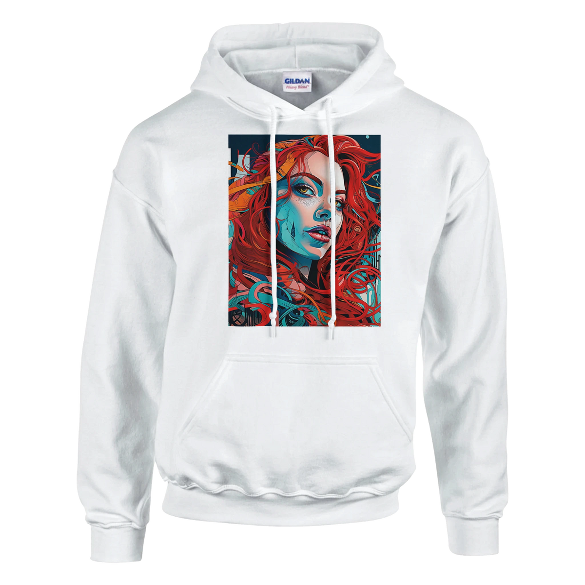 White pullover hoodie featuring bold Urban Pop Art graphic of a stylized redhead woman with vibrant red hair and blue facial shading.