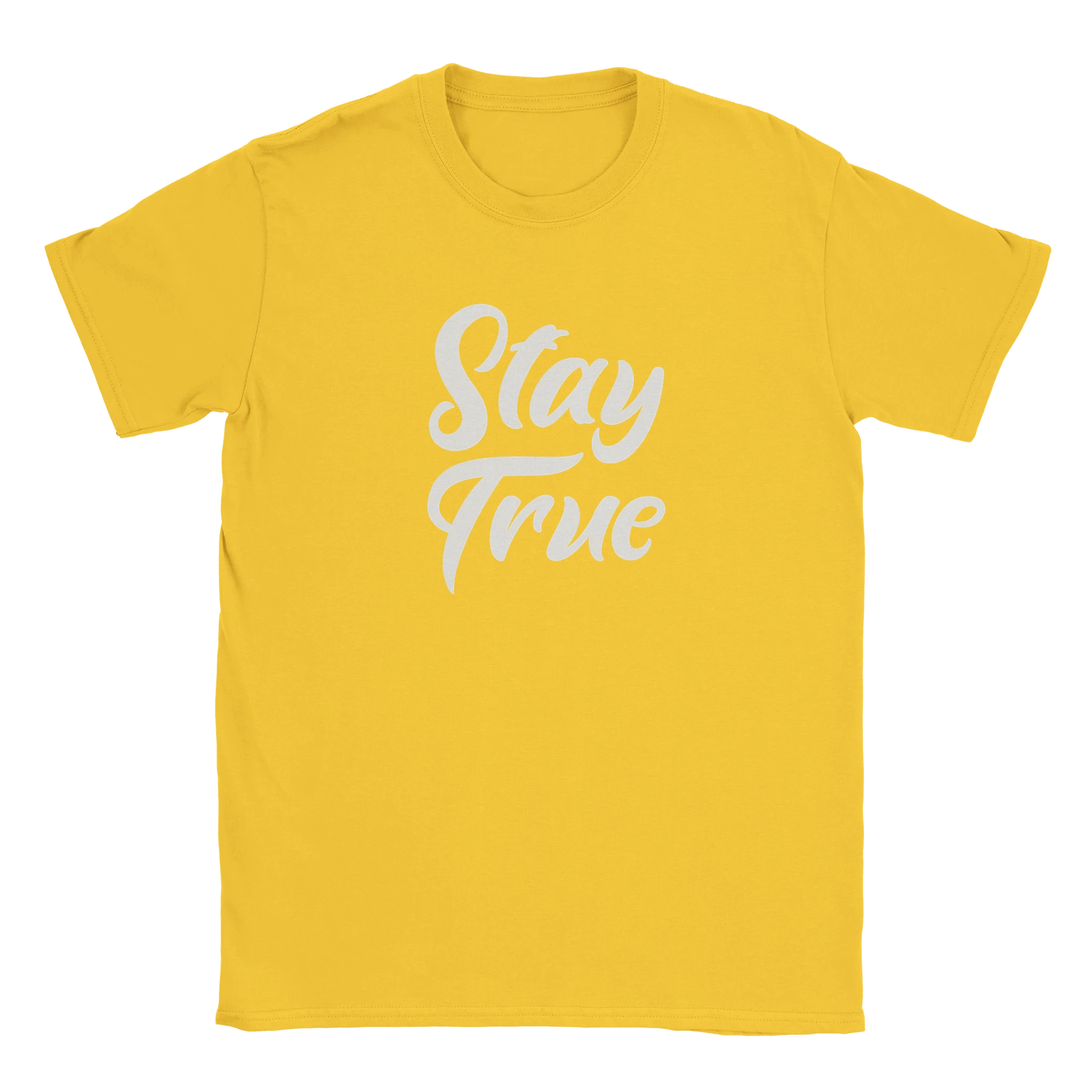 Yellow women's Stay True T-shirt with white cursive retro slogan.
