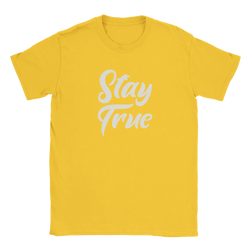 Yellow women's Stay True T-shirt with white cursive retro slogan.