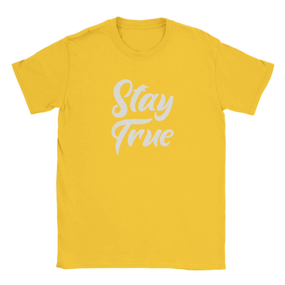 Yellow women's Stay True T-shirt with white cursive retro slogan.