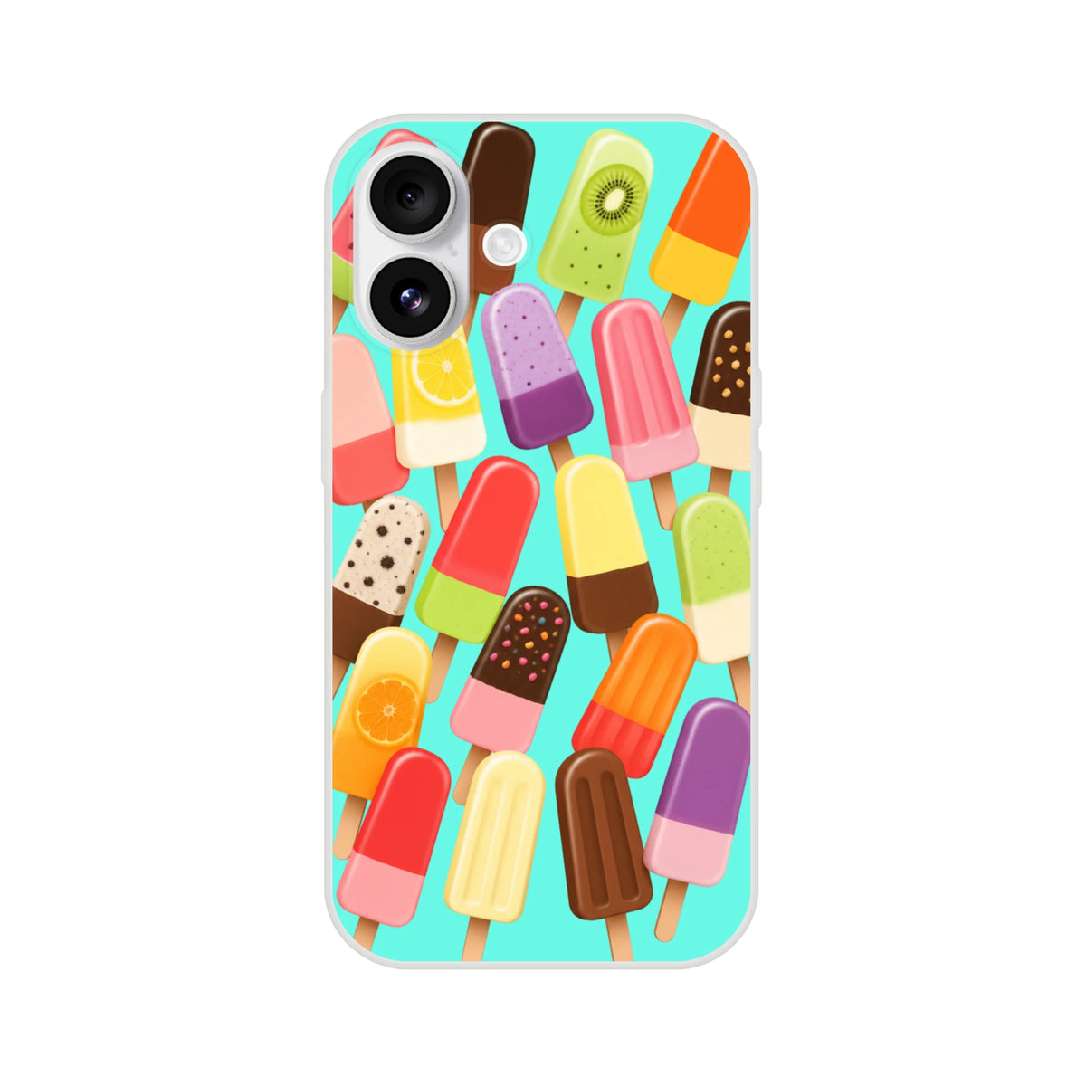 Retro summer popsicle iPhone case featuring colorful ice lolly prints on a turquoise background with shock-absorbing TPU protection.