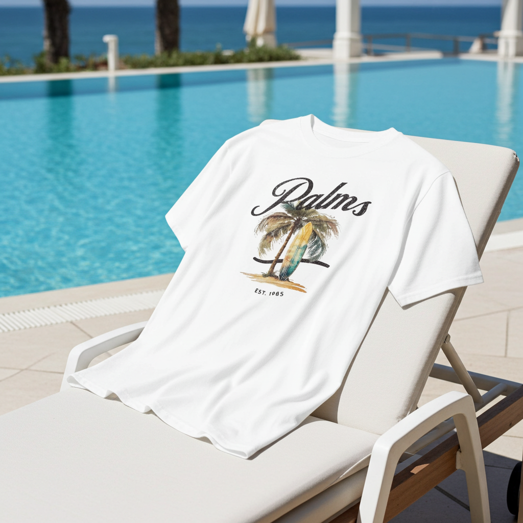White t-shirt with palm tree design and 'Palms' text on a lounge chair by a pool.