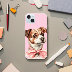 Cute Dog iPhone Case (13-16) Retro Aethetic with pink background, dog illustration, slim matte TPU case