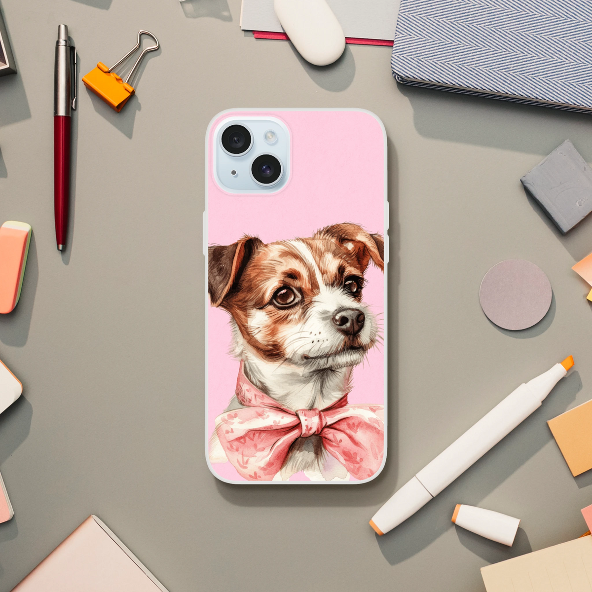 Cute Dog iPhone Case (13-16) Retro Aethetic with pink background, dog illustration, slim matte TPU case